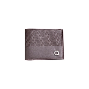 Men's classic dark brown bifold wallet with woven texture and metal accent detail