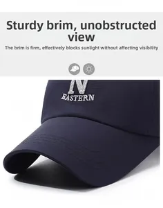 Detailed close-up of white letter N embroidery on navy blue cotton baseball cap