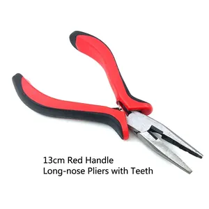 Detail of 13cm needle nose pliers with red and black non-slip handle and serrated jaws