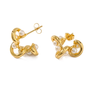 French vintage style gold twisted stainless steel hoop earrings with mini pearls