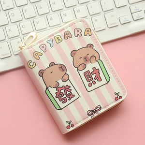 Pink striped Capybara zipper wallet featuring cartoon graphics on a pink background