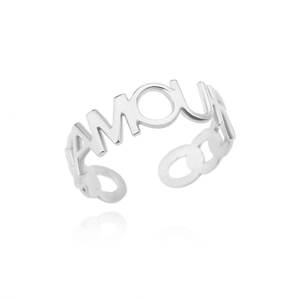Macro detail of silver adjustable open ring featuring hollowed out AMOUR letter design