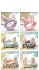 Detailed grid view of six colorful plush cat ear headbands made of soft coral fleece material