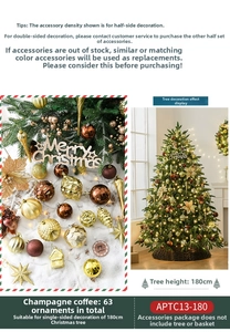 Detail showing 63pcs champagne and bronze Christmas tree ornaments with festive signs