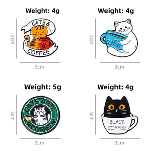 Detail view of 3cm enamel pins featuring cute cats and coffee motifs in a 4-pack set