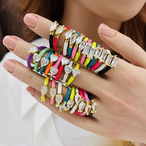 Chic gold-plated adjustable rings with colorful enamel drops and micro-set gemstones
