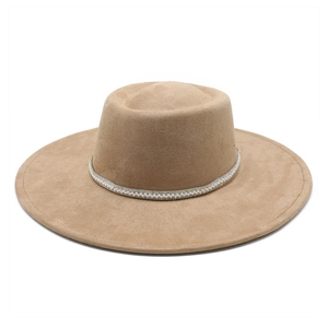 Detail of khaki suede fedora brim showing pearl and rhinestone decorative hat band