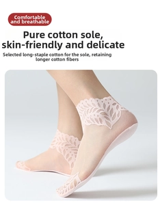 Detailed view of women's mesh socks featuring leaf lace trim and soft cotton sole