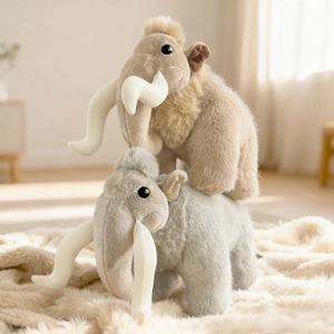 Plush mammoth stuffed animals in brown and grey with long tusks and soft faux fur