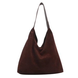 Retro dark brown faux suede tote bag with large capacity and minimalist shoulder strap design