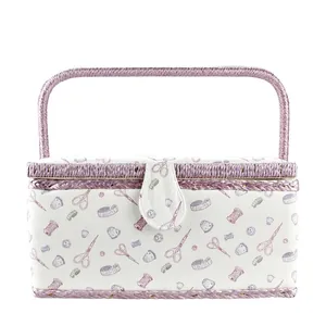 Floral fabric sewing basket with purple braided handle and vintage sewing tool patterns