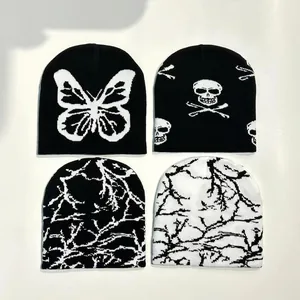 Y2K Knitted Beanie Hat Butterfly Skull Pattern Acrylic Warm Streetwear Unisex Winter Headwear