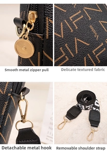 Detailed close-up showing golden hardware and letter-printed strap of a leather phone bag