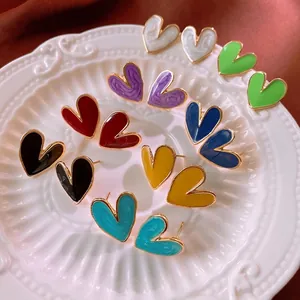 Heart Stud Earrings Alloy Enamel Colorful Sweet Style With 925 Sterling Silver Earring Post Vintage For Women