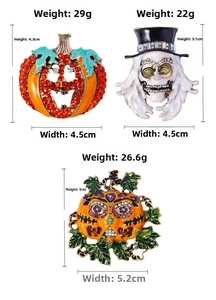 Detailed dimensions and weight of Halloween rhinestone pumpkin and skeleton brooches