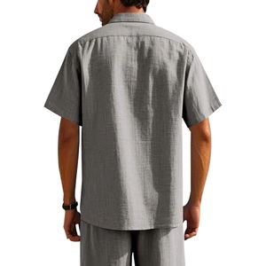 Rear view of a casual grey linen shirt set showing fabric texture and straight cut design