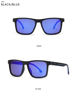 Detailed front and 45-degree side view of matte black TR sunglasses with blue mirrored lenses