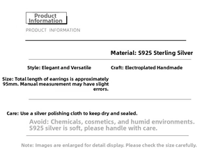Detailed S925 sterling silver tassel earring size guide showing 95mm length and craft info