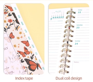 Detail of 2026 spiral planner featuring side index tabs and butterfly floral inner pages