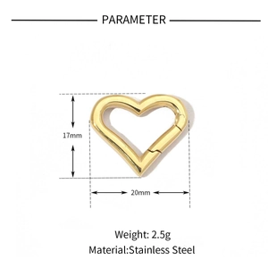 Detail view of a 17mm x 20mm heart-shaped stainless steel spring clasp in gold finish