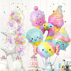 Ice cream and candy themed birthday party balloon set with pastel aluminum foil balloons
