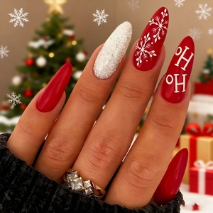 Christmas Press On Nails ABS Plastic Long Almond Red White Snowflake Glitter Glossy Matte Ho Ho Lettering Women Holiday Festive