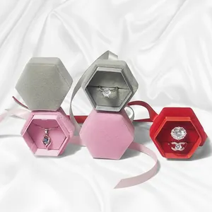 Hexagonal Velvet Jewelry Box With Ribbon Bow For Ring Necklace Earring Proposal Gift Storage Case
