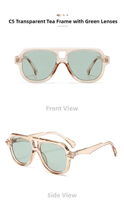 Retro pilot sunglasses with transparent tea frame, green lenses and metal hinge details