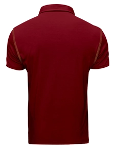 Rear view of a men's burgundy short-sleeve polo shirt with breathable mesh fabric