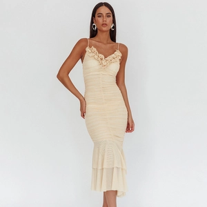 Robe Longue Maxi Pour Femmes Froncée Maille Sans Manches Dos Nu Ourlet Sirène Col En V Sexy Soirée Club Élégante