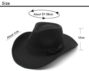 Detail view of black wool western cowboy hat with crown height and brim width measurements