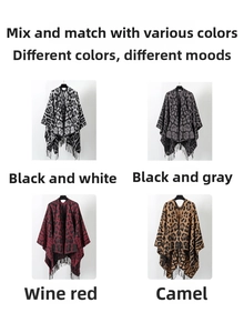 Detailed grid view of leopard print knit ponchos with tassels in four classic colors