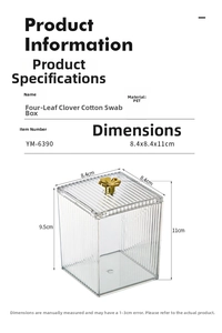 Transparent PET organizer for cotton swabs with gold clover handle and dimensions 8.4x11cm