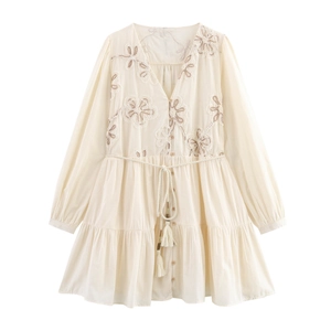 Beige floral embroidered mini dress with long sleeves and tassel belt in boho style