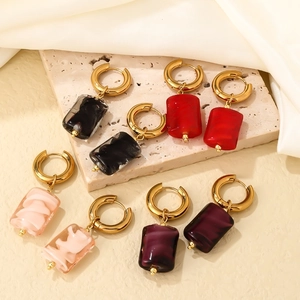 Minimalist stainless steel hoop earrings featuring colorful square natural stone pendants