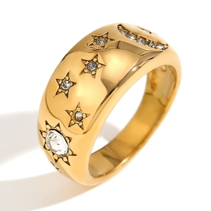 Chic 18K gold plated wide ring featuring sparkling star-shaped crystals on white background