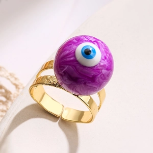 Adjustable gold plated evil eye ring with purple marble stone and textured finish