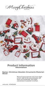 Detail view of handmade Christmas wooden ornaments with Santa and elk on white plush background