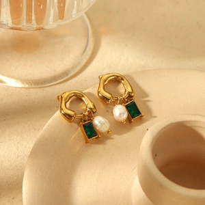 18k gold plated stainless steel hoop earrings with emerald crystals and white pearls