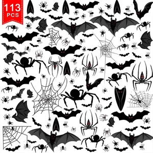Lot de 113 stickers muraux d'Halloween avec chauves-souris, araignées et toiles pour fête