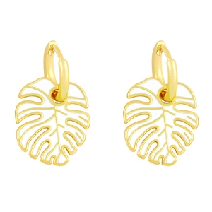 Bohemian gold monstera leaf earrings with white enamel finish on a clean white background