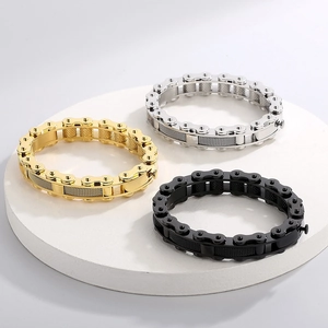 Industrial bike chain bracelets in gold, silver, and black finish on geometric bases