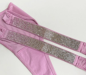 Detail of pink silk straps with shimmering rhinestones on sexy low waist G-string