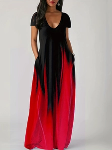 Detail of V-neck maxi dress featuring side pockets and a red and black gradient pattern