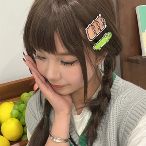 Close-up of cute cartoon Capybara and crocodile hair clips worn by a model