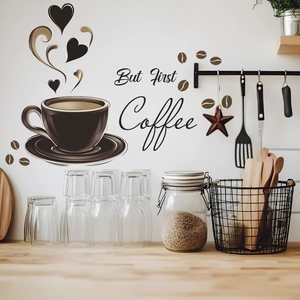 Minimalist 'But First Coffee' wall sticker featuring coffee cup and beans in a kitchen setting