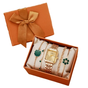 Women's square emerald quartz watch and gold diamond flower bracelet set in orange gift box