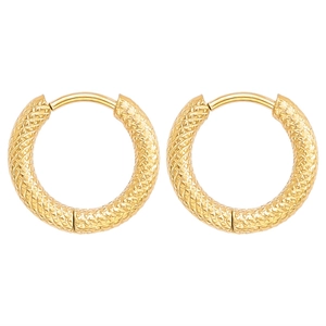 Detailed macro view of 18K gold-plated hoop earrings with cross-etched texture details