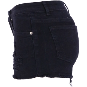 Detail view of black denim shorts with distressed ripped effects and frayed hemline
