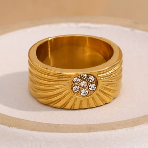18K gold plated stainless steel wide band ring with sunburst engraving and zircon stones